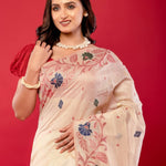 Off - White & Pink Handwoven Cotton Jamdani Saree - Anvi Couture