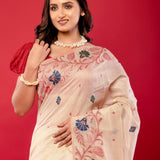 Off - White & Pink Handwoven Cotton Jamdani Saree - Anvi Couture