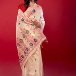 Off - White & Pink Handwoven Cotton Jamdani Saree - Anvi Couture