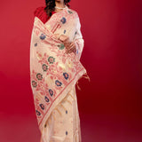 Off - White & Pink Handwoven Cotton Jamdani Saree - Anvi Couture