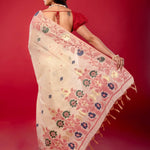 Off - White & Pink Handwoven Cotton Jamdani Saree - Anvi Couture