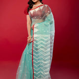Blue & Red Handloom Muslin Silk Jamdani Saree - Elegant Handcrafted Sarees - Anvi Couture