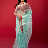 Blue & Red Handloom Muslin Silk Jamdani Saree - Elegant Handcrafted Sarees - Anvi Couture