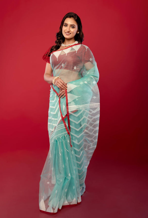 Blue & Red Handloom Muslin Silk Jamdani Saree — front model view