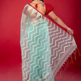 Blue & Red Handloom Muslin Silk Jamdani Saree - Elegant Handcrafted Sarees - Anvi Couture