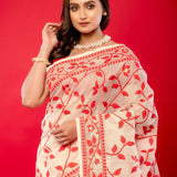 Red and White Jamdani Saree with all Over Floral Jaal Work and Gold Zari - Anvi Couture
