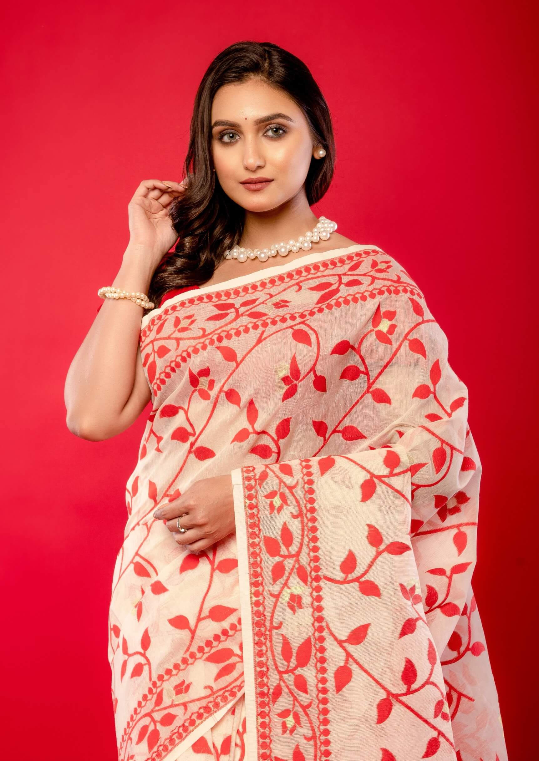 Red and White Jamdani Saree with all Over Floral Jaal Work and Gold Zari - Anvi Couture