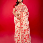 Red and White Jamdani Saree with all Over Floral Jaal Work and Gold Zari - Anvi Couture
