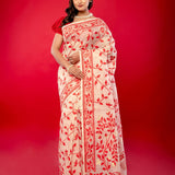 Red and White Jamdani Saree with all Over Floral Jaal Work and Gold Zari - Anvi Couture
