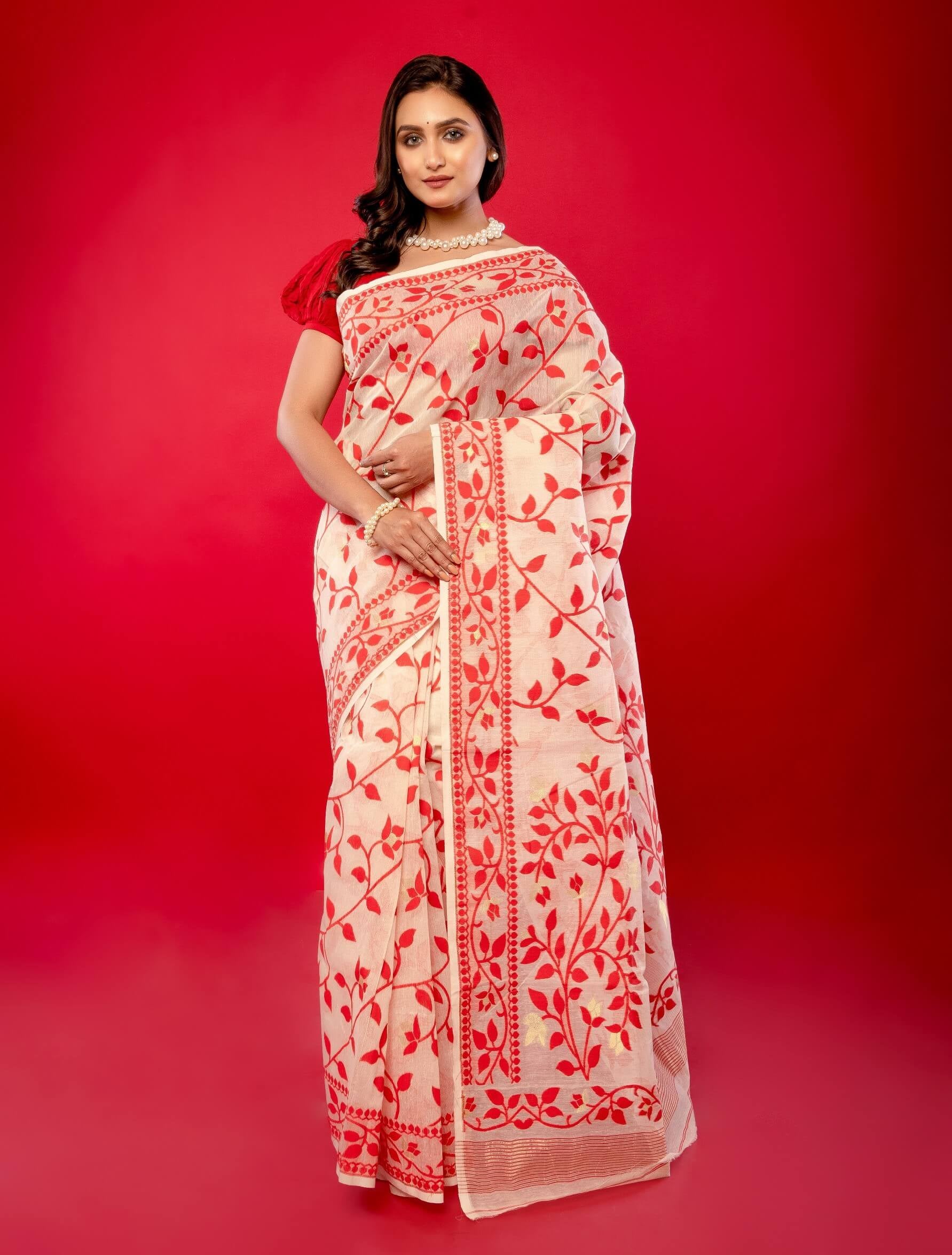 Red and White Jamdani Saree with all Over Floral Jaal Work and Gold Zari - Anvi Couture