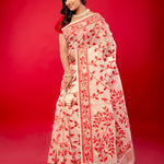 Red and White Jamdani Saree with all Over Floral Jaal Work and Gold Zari - Anvi Couture