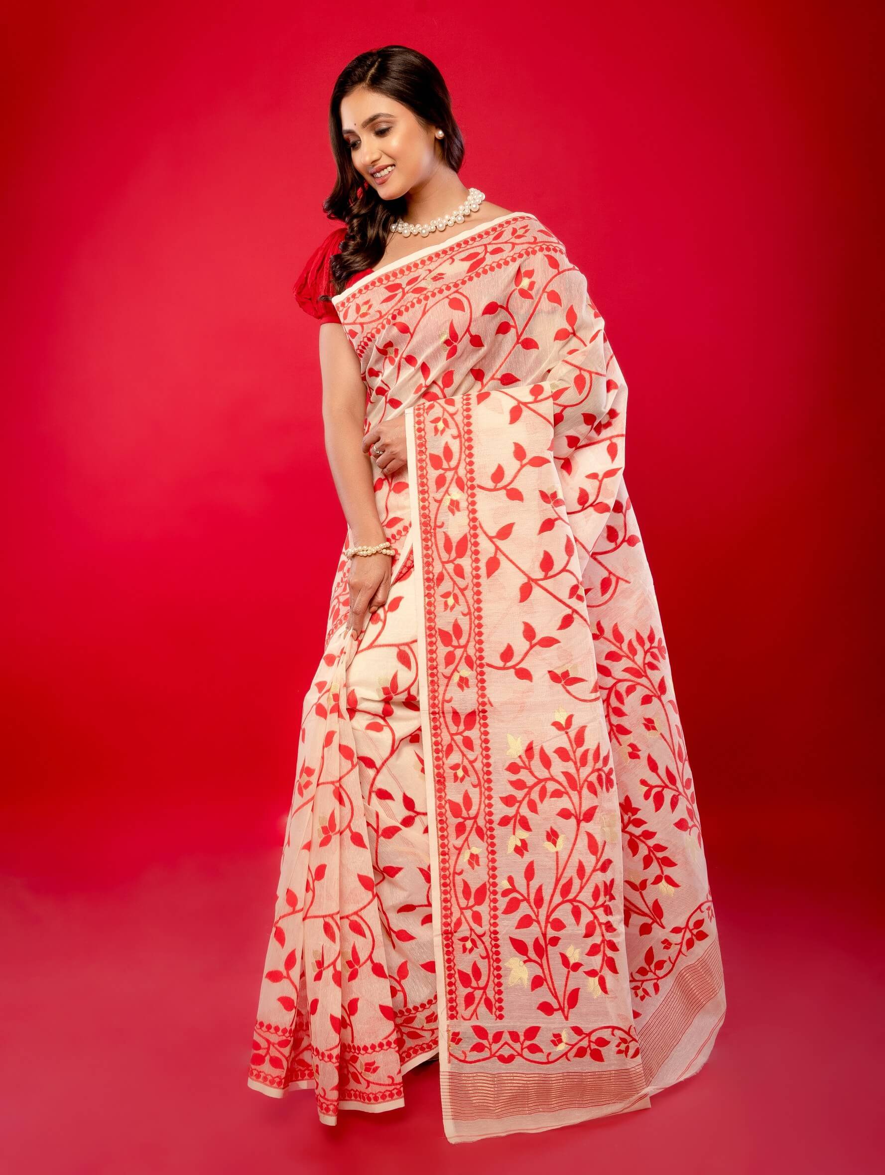 Red and White Jamdani Saree with all Over Floral Jaal Work and Gold Zari - Anvi Couture