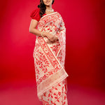 Red and White Jamdani Saree with all Over Floral Jaal Work and Gold Zari - Anvi Couture