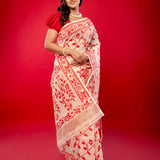 Red and White Jamdani Saree with all Over Floral Jaal Work and Gold Zari - Anvi Couture
