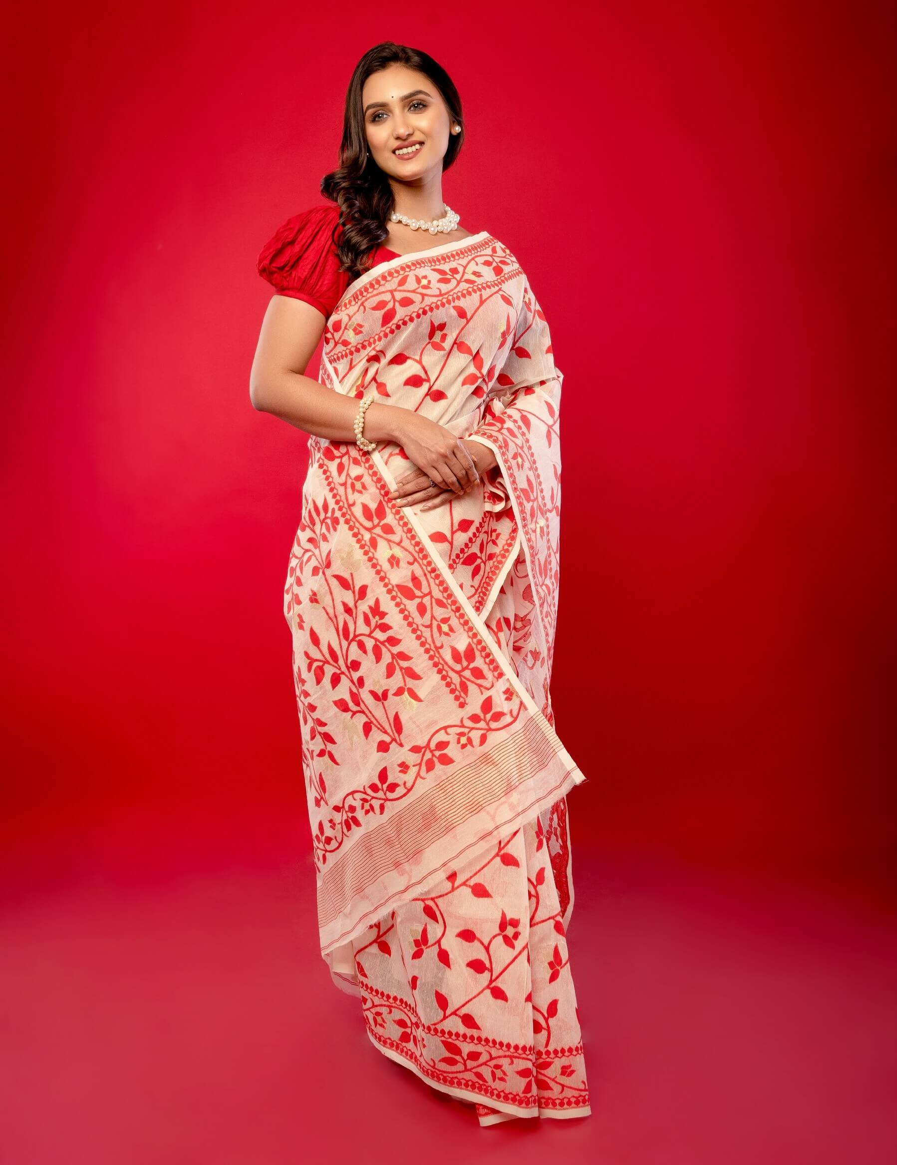 Red and White Jamdani Saree with all Over Floral Jaal Work and Gold Zari - Anvi Couture