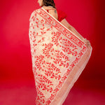 Red and White Jamdani Saree with all Over Floral Jaal Work and Gold Zari - Anvi Couture