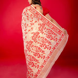 Red and White Jamdani Saree with all Over Floral Jaal Work and Gold Zari - Anvi Couture