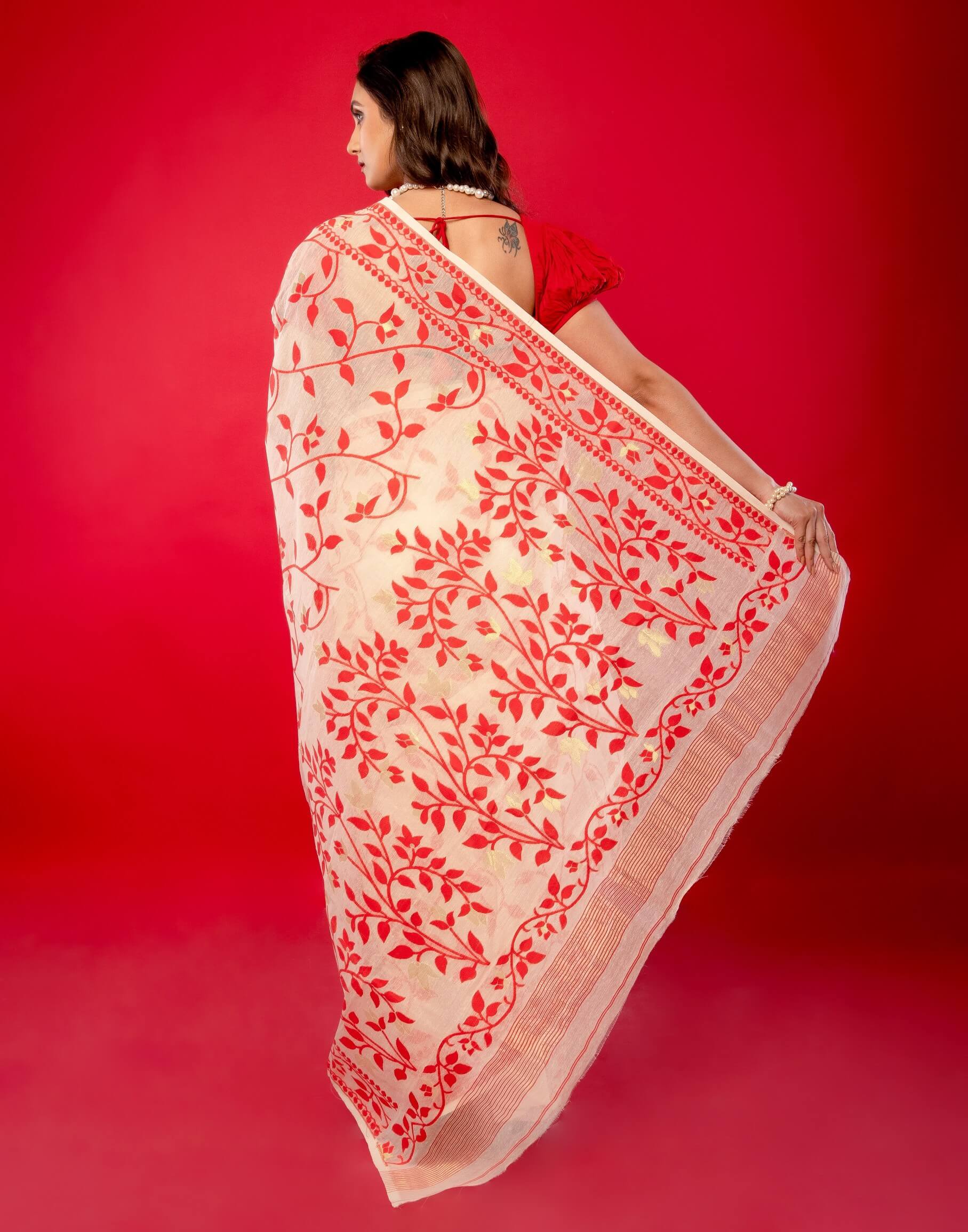 Red and White Jamdani Saree with all Over Floral Jaal Work and Gold Zari - Anvi Couture