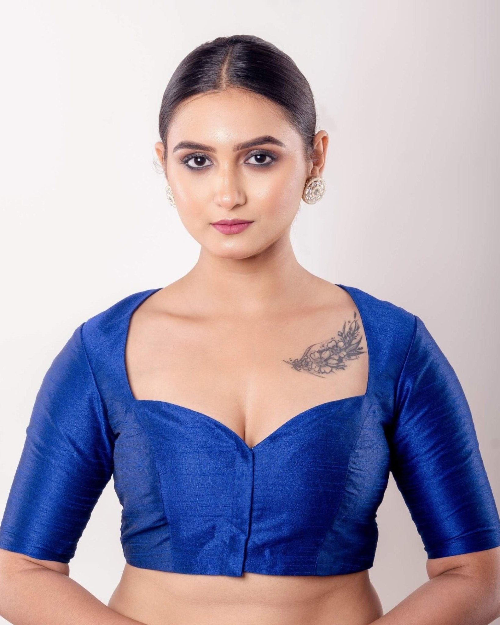 Blue Half Sleeve Raw Silk Blouse with Sweetheart Neckline - Anvi Couture