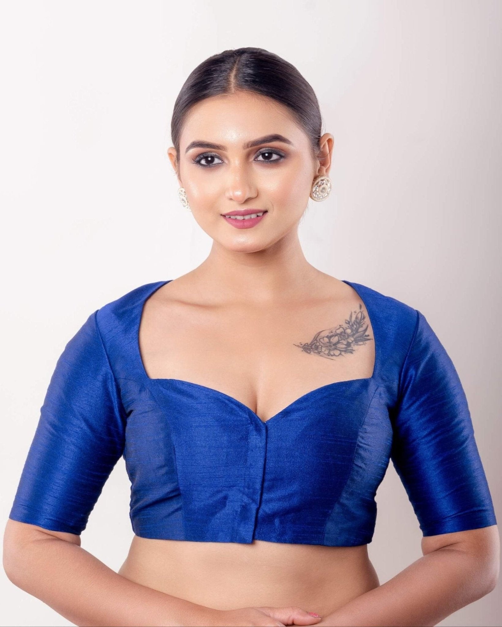 Blue Half Sleeve Raw Silk Blouse with Sweetheart Neckline - Anvi Couture