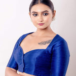 Blue Half Sleeve Raw Silk Blouse with Sweetheart Neckline - Anvi Couture