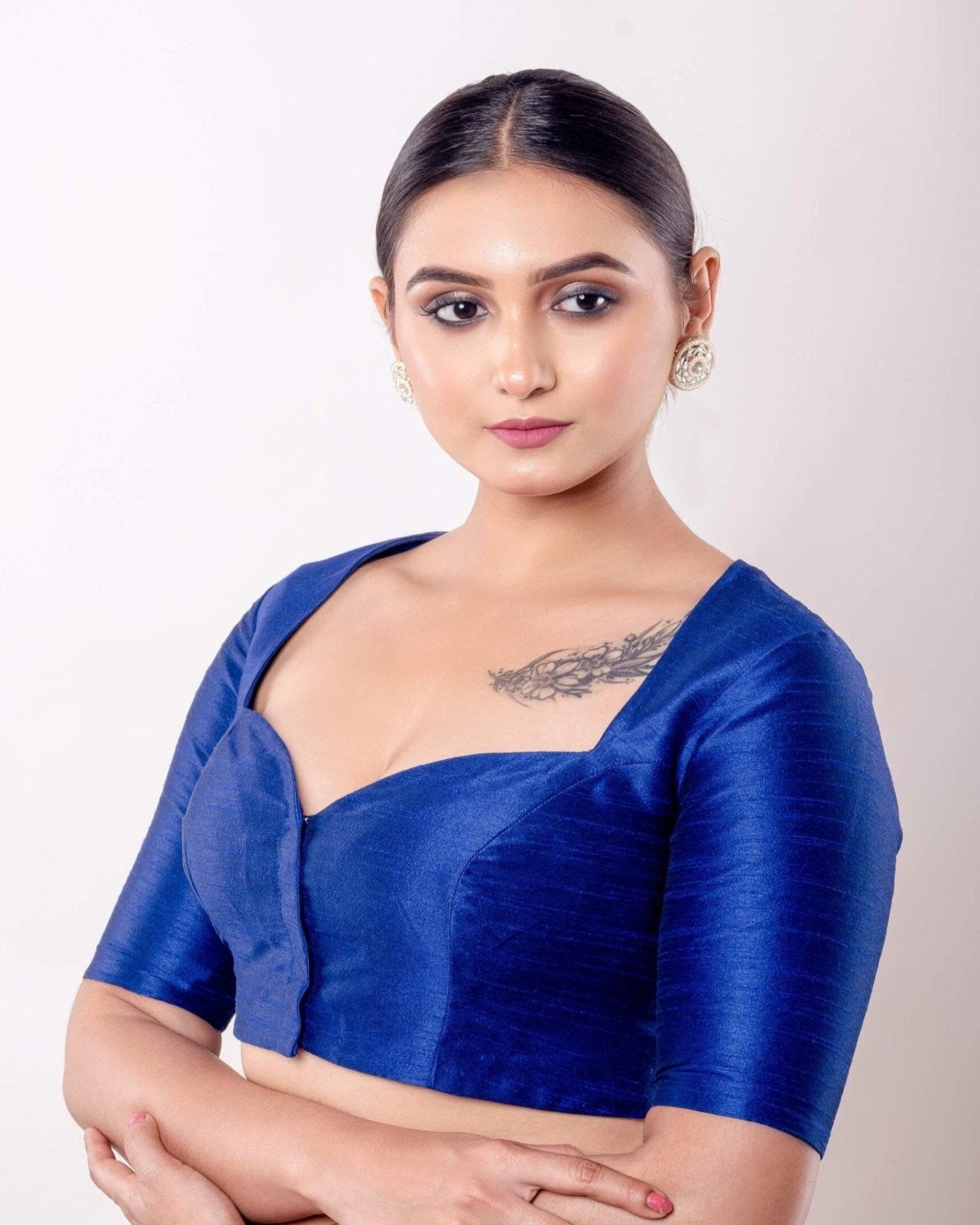 Blue Half Sleeve Raw Silk Blouse with Sweetheart Neckline - Anvi Couture