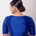Blue Half Sleeve Raw Silk Blouse with Sweetheart Neckline - Anvi Couture