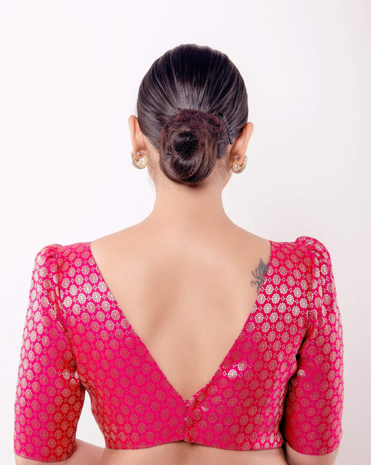 Pink Brocade Blouse with V Neckline and Puff Sleeves - Anvi Couture - Image 4