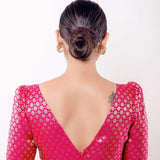 Pink Brocade Blouse with V Neckline and Puff Sleeves - Anvi Couture