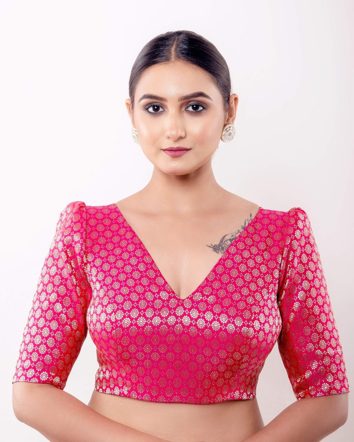 Pink Brocade Blouse with V Neckline and Puff Sleeves