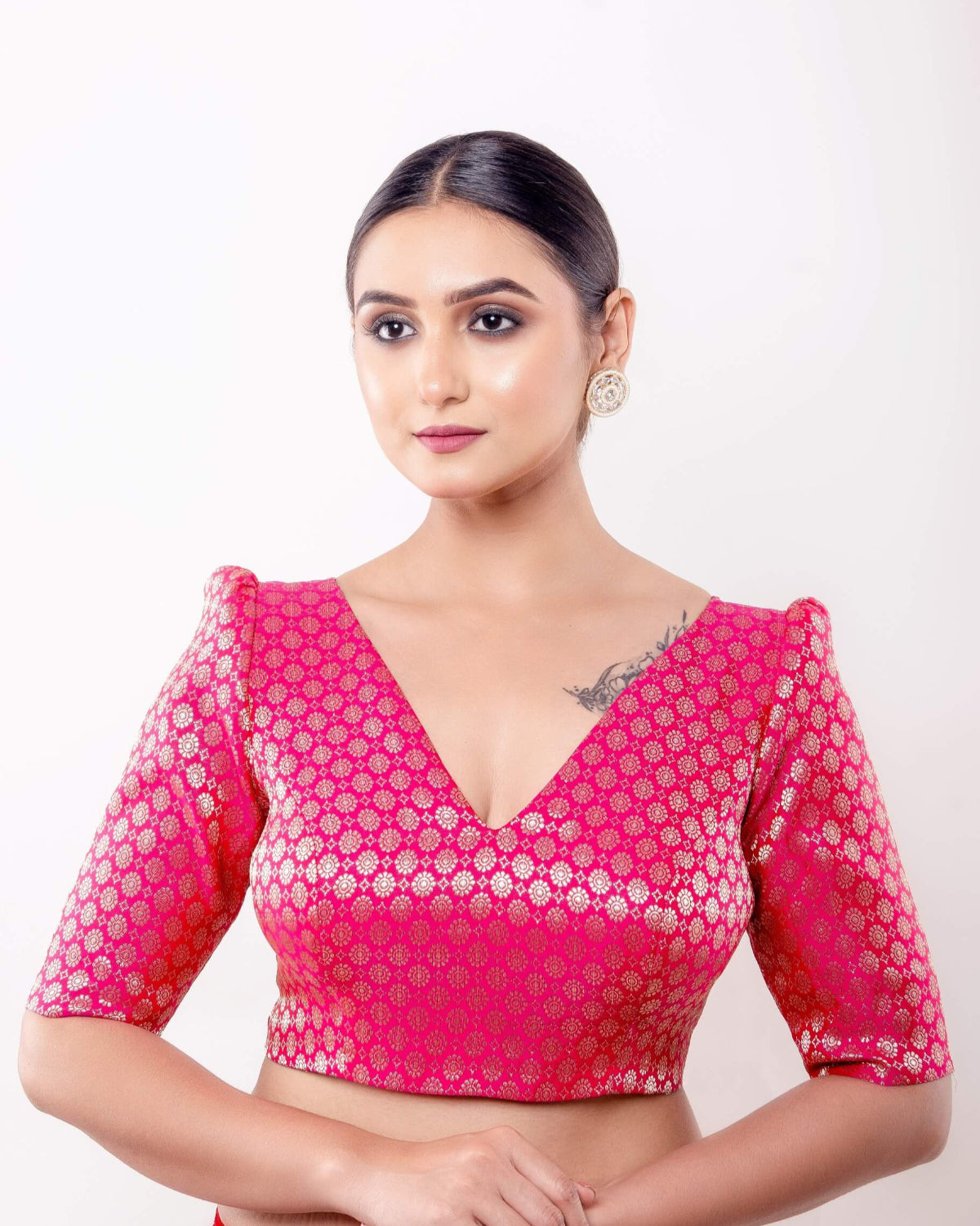 Pink Brocade Blouse with V Neckline and Puff Sleeves - Anvi Couture - Image 3