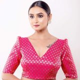 Pink Brocade Blouse with V Neckline and Puff Sleeves - Anvi Couture