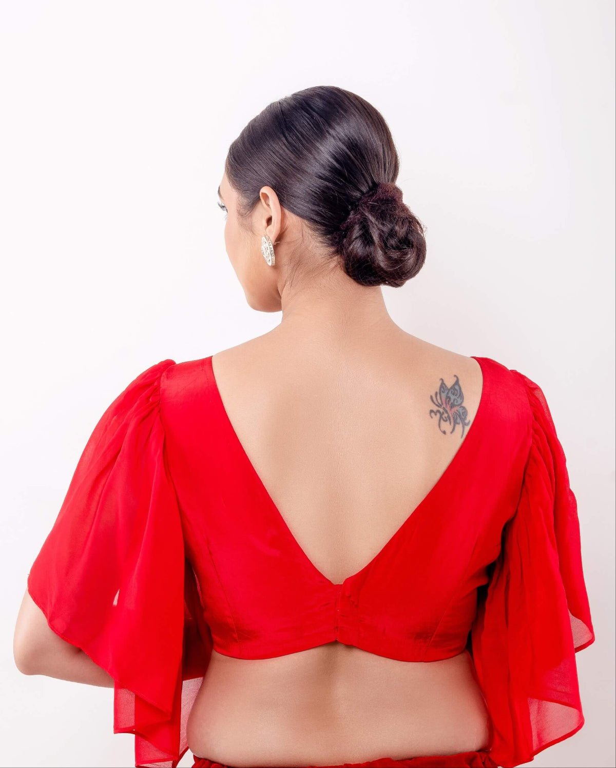 Red Ruffle sleeve blouse with V Neckline - Anvi Couture