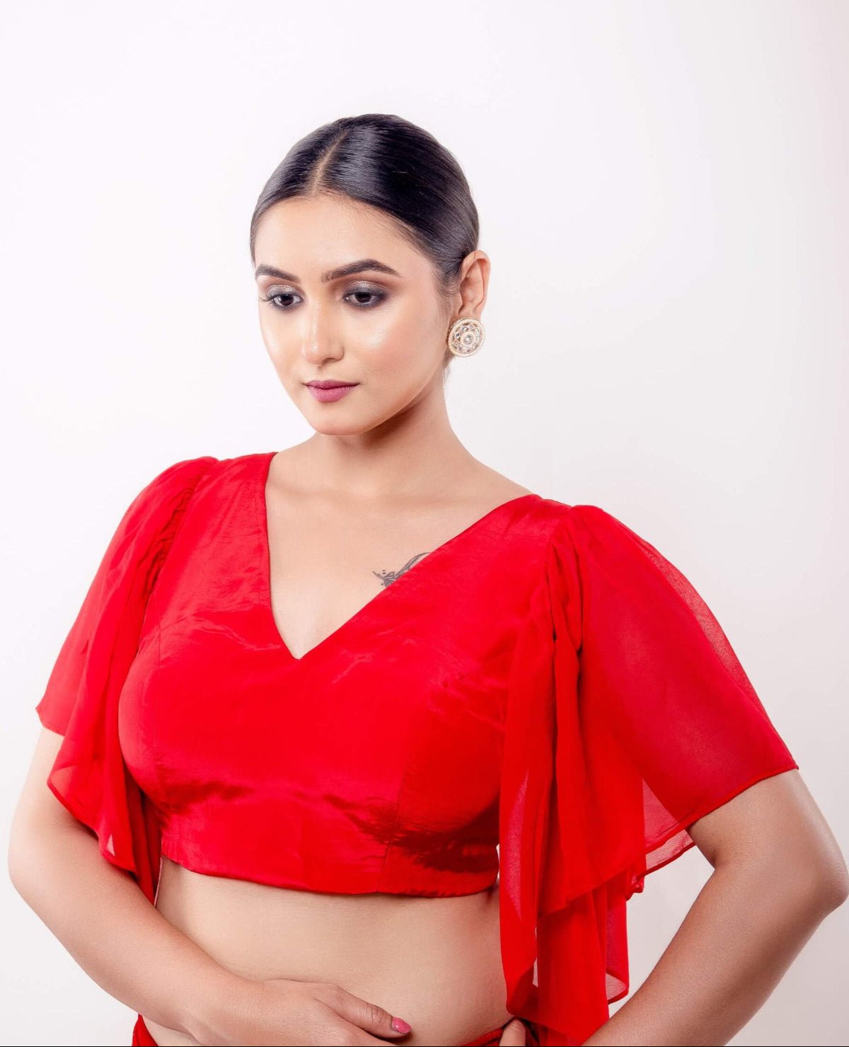 Red Ruffle sleeve blouse with V Neckline - Anvi Couture
