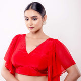 Red Ruffle sleeve blouse with V Neckline - Anvi Couture