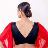 Red and Black V Neck Blouse With Ruffle Sleeves - Anvi Couture