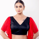 Red and Black V Neck Blouse With Ruffle Sleeves - Anvi Couture