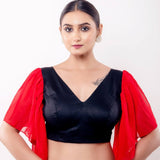 Red and Black V Neck Blouse With Ruffle Sleeves - Anvi Couture