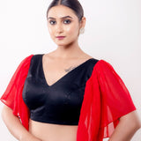Red and Black V Neck Blouse With Ruffle Sleeves - Anvi Couture