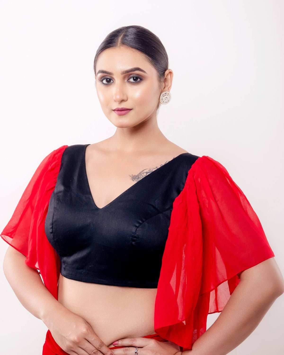 Red and Black V Neck Blouse With Ruffle Sleeves - Anvi Couture