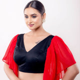 Red and Black V Neck Blouse With Ruffle Sleeves - Anvi Couture
