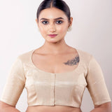 Golden Round Neck Half Sleeve Blouse in Raw Silk - Anvi Couture