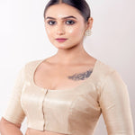 Golden Round Neck Half Sleeve Blouse in Raw Silk - Anvi Couture