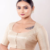 Golden Round Neck Half Sleeve Blouse in Raw Silk - Anvi Couture