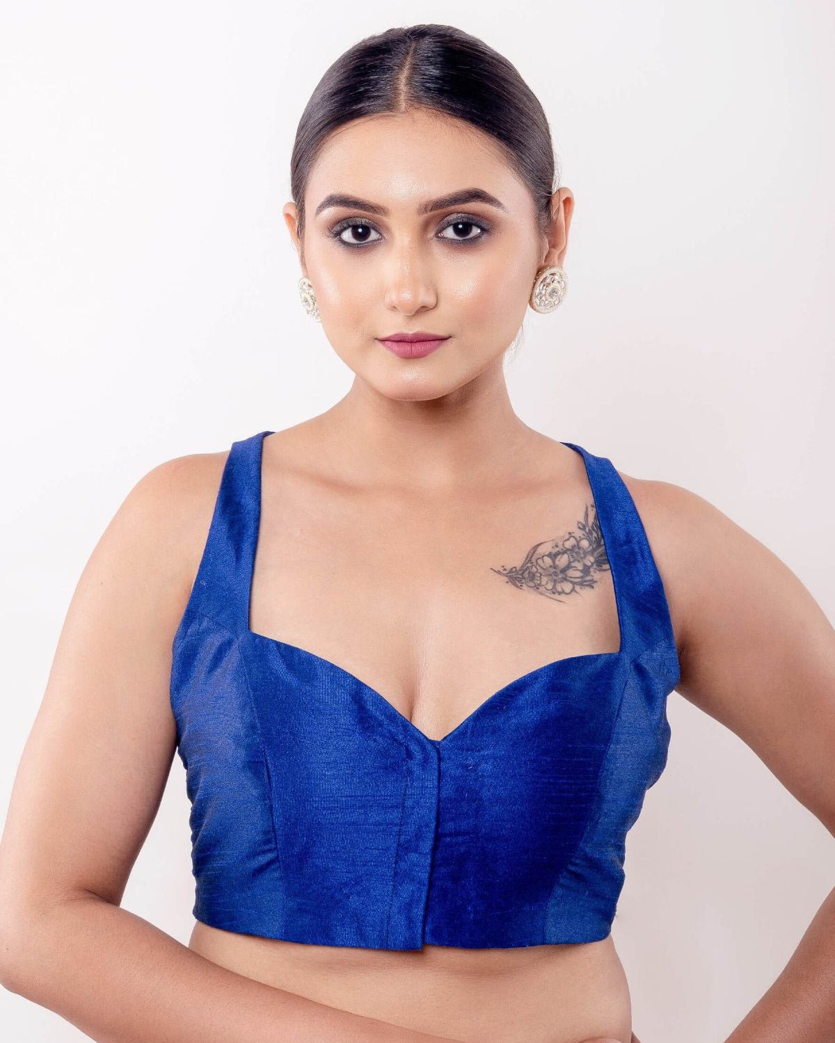 Blue Sweetheart Neck Sleeveless Blouse in Raw Silk - Anvi Couture