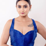 Blue Sweetheart Neck Sleeveless Blouse in Raw Silk - Anvi Couture