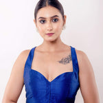 Blue Sweetheart Neck Sleeveless Blouse in Raw Silk - Anvi Couture