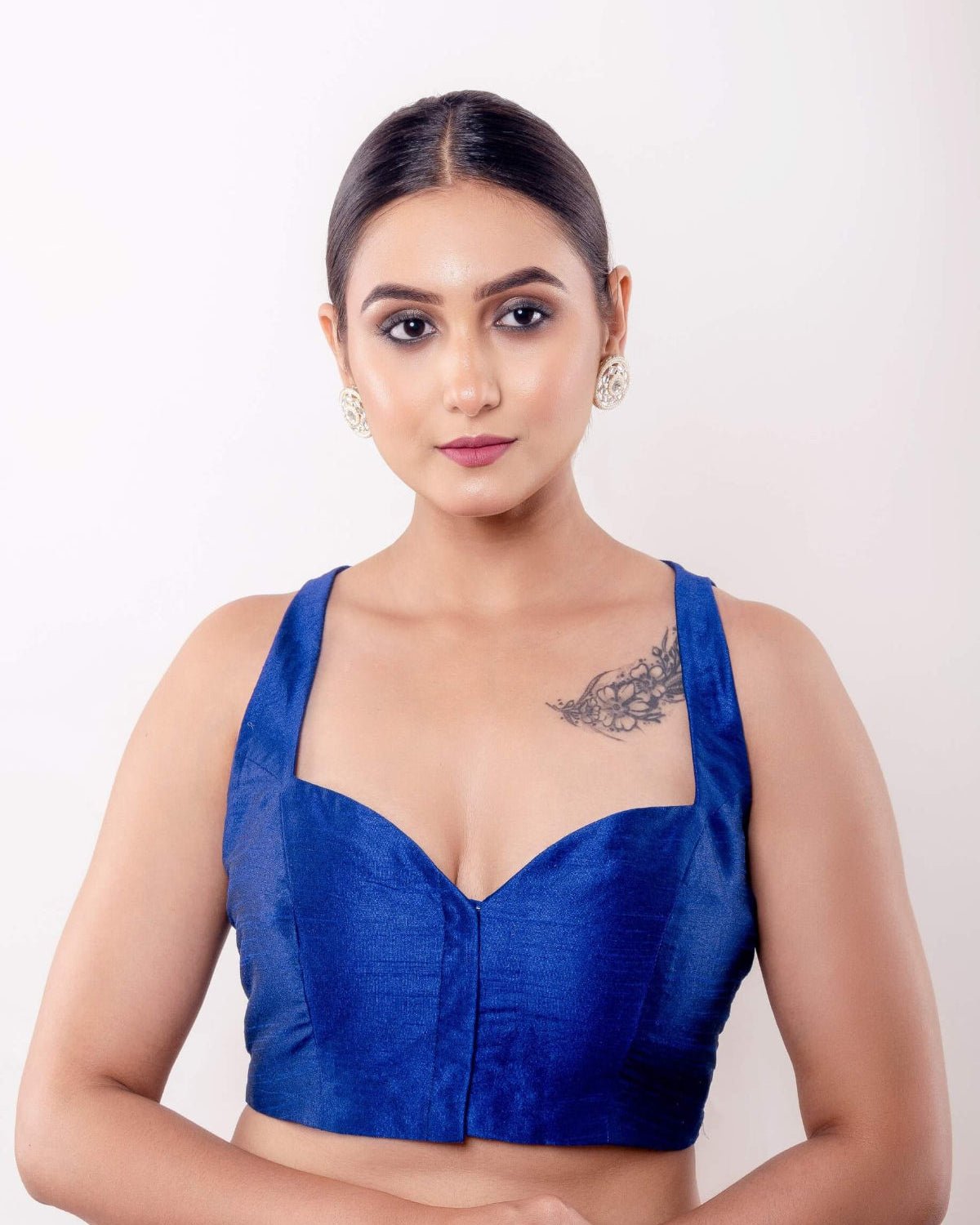 Blue Sweetheart Neck Sleeveless Blouse in Raw Silk - Anvi Couture
