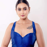 Blue Sweetheart Neck Sleeveless Blouse in Raw Silk - Anvi Couture