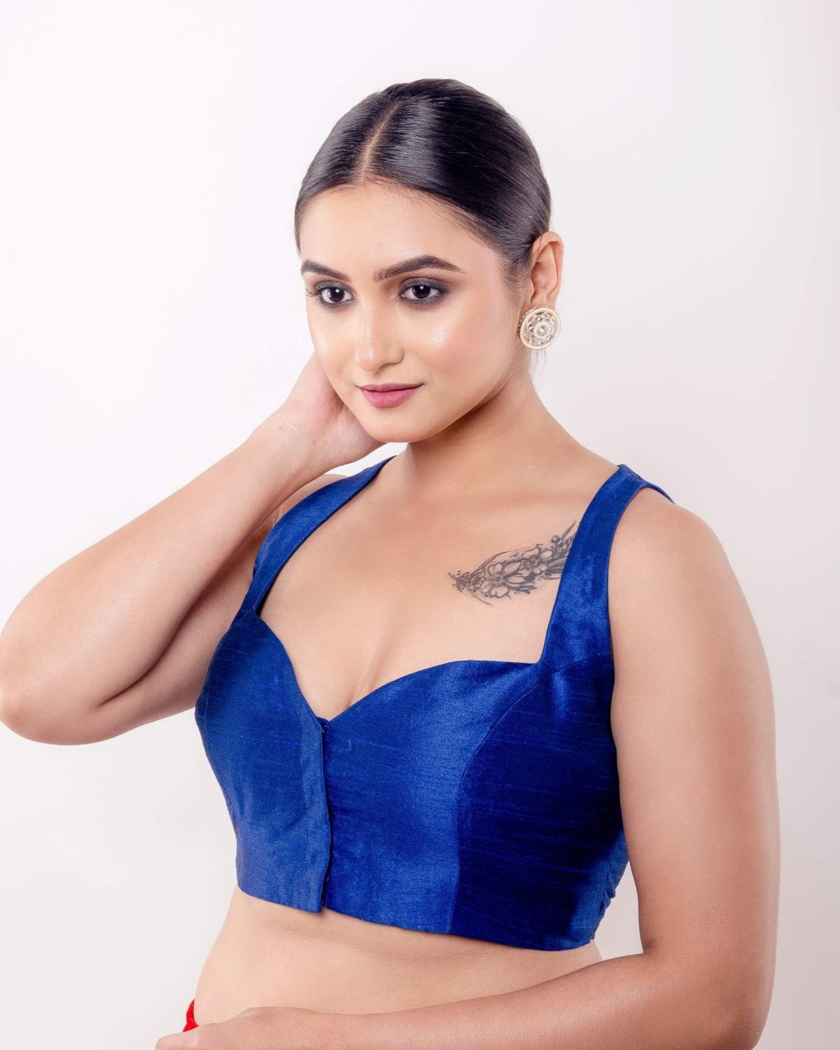 Blue Sweetheart Neck Sleeveless Blouse in Raw Silk - Anvi Couture